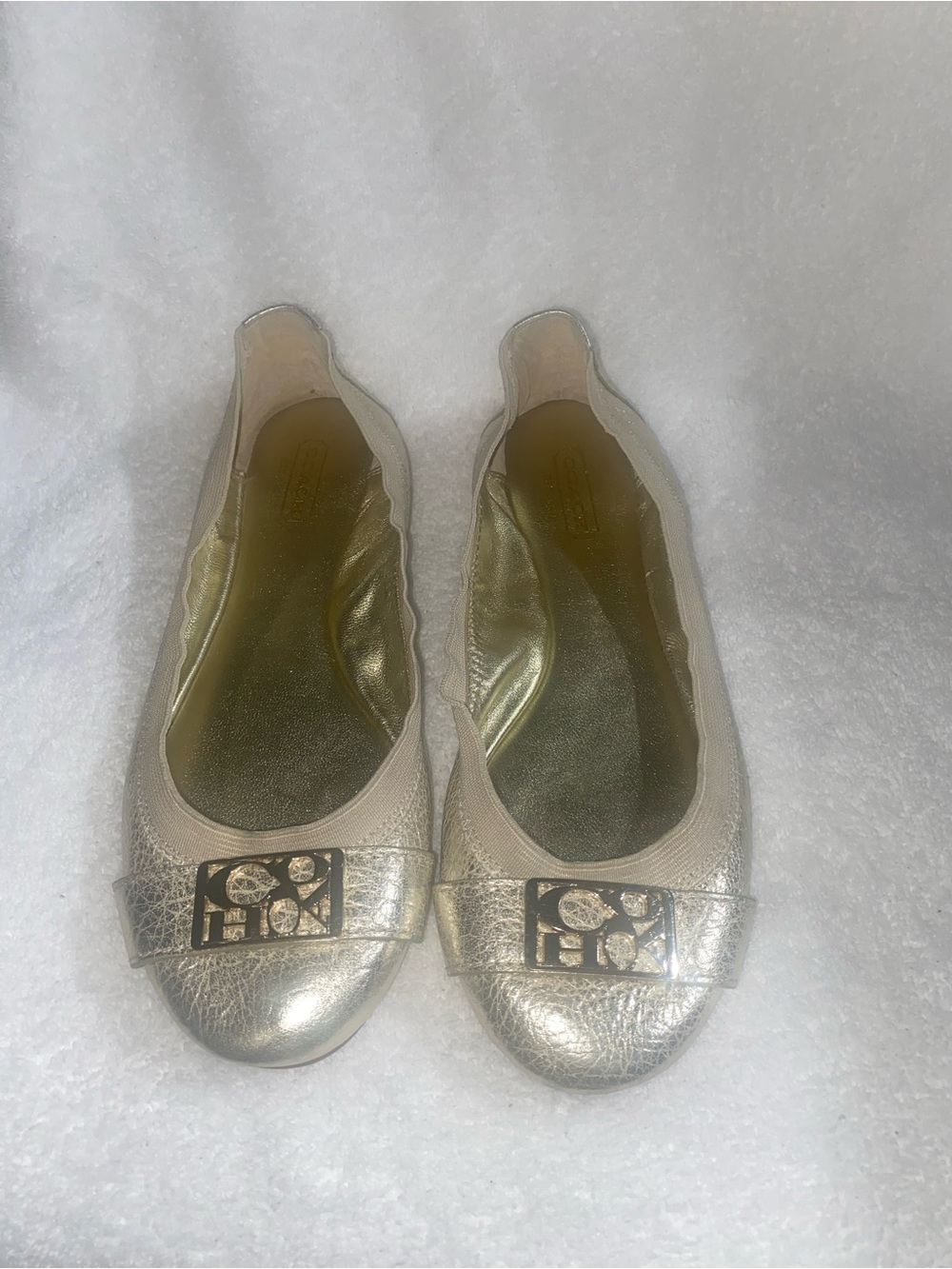 Coach Metallic Gold Leather Ballet Flats with Logo Accent